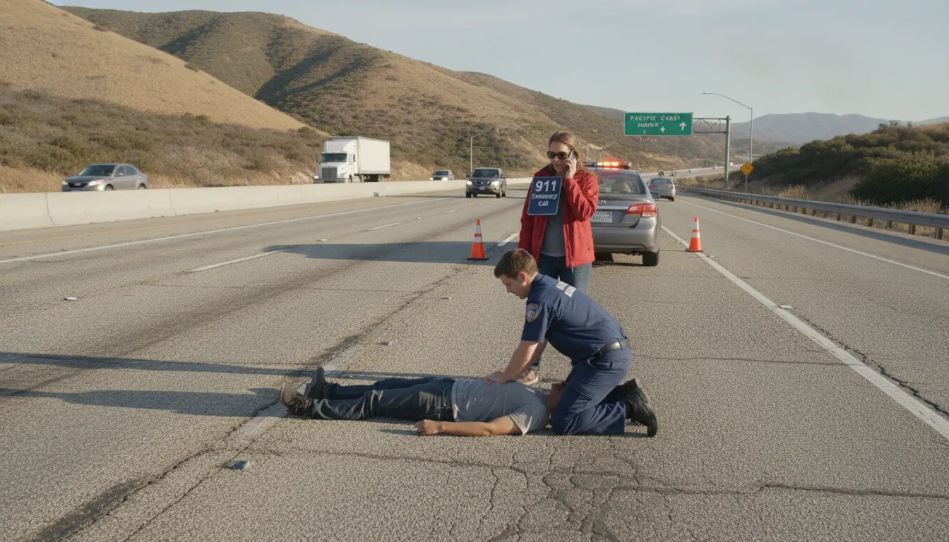Bystander providing emergency roadside assistance on a California highway