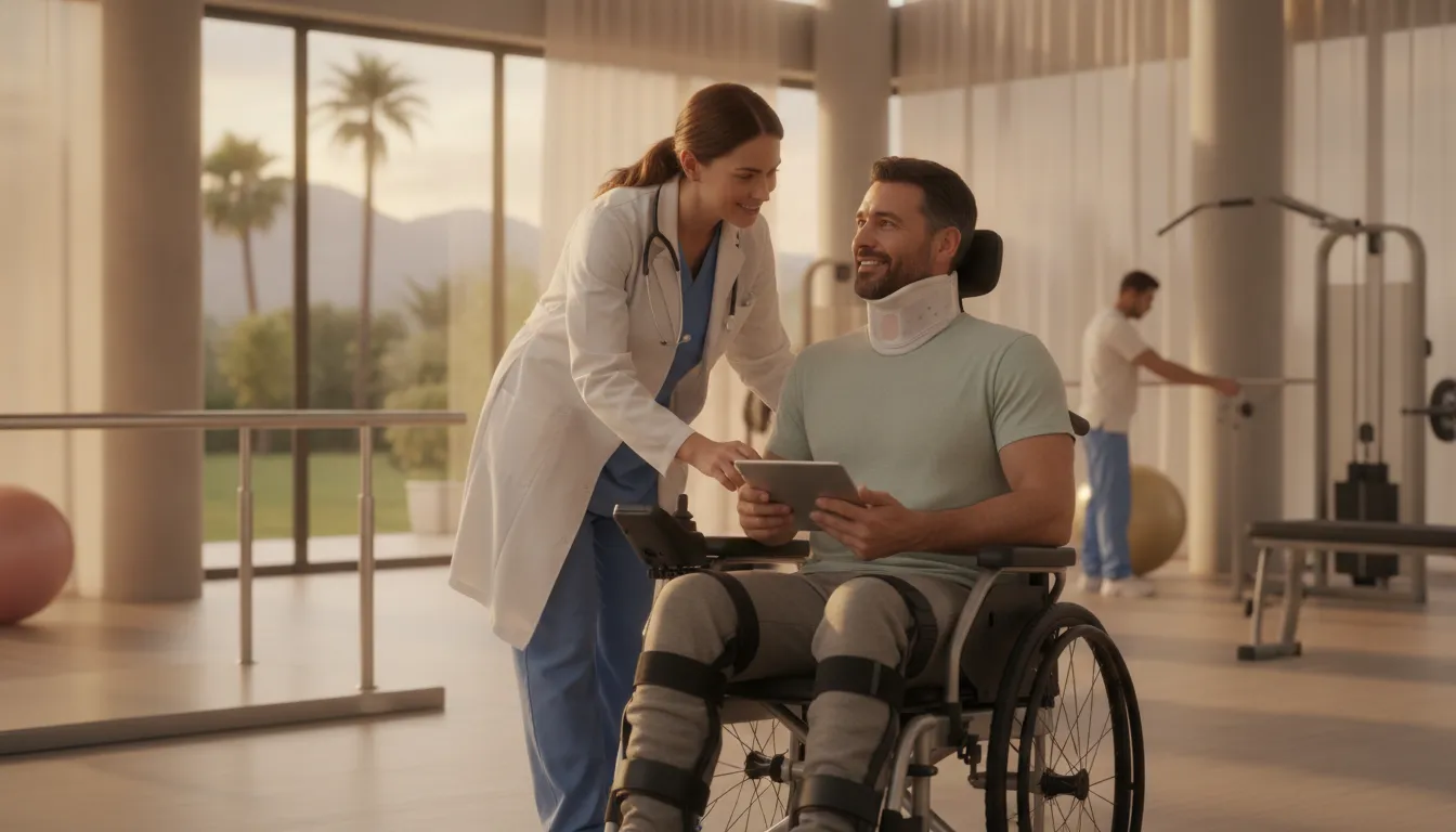 Medical professional consulting with a catastrophic injury California patient in a rehabilitation center
