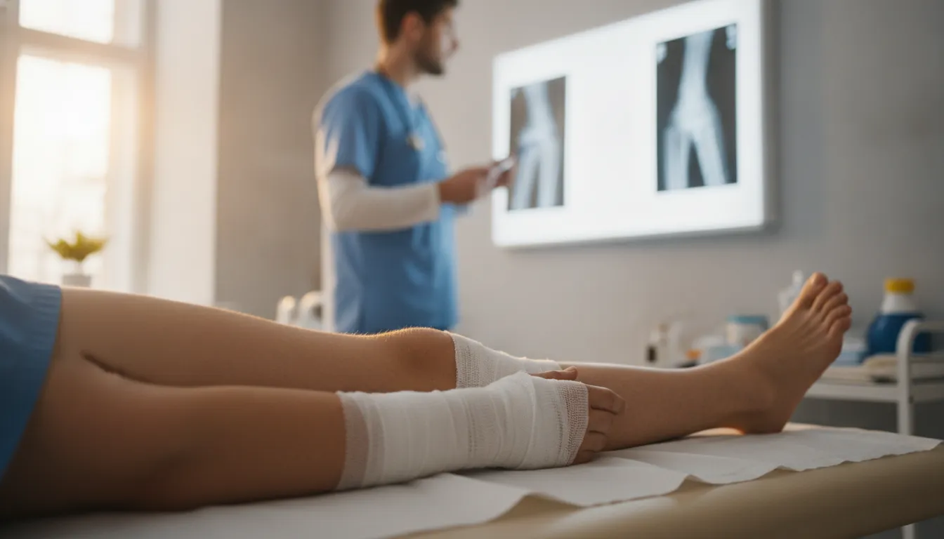 Person with bandaged arm and leg injuries being examined by a doctor reviewing x-rays in a medical office