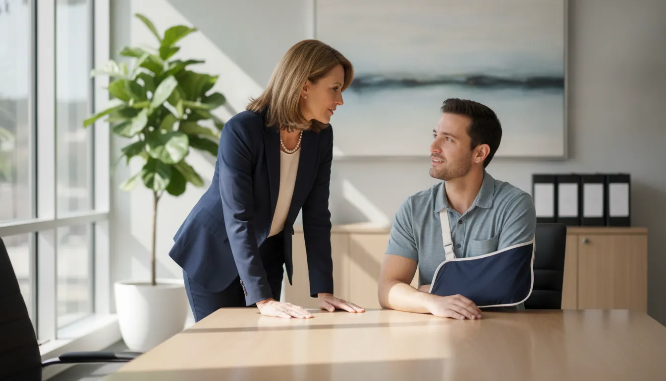 An experienced California attorney speaking with an accident victim in a bright, modern meeting room, supportive and professional atmosphere