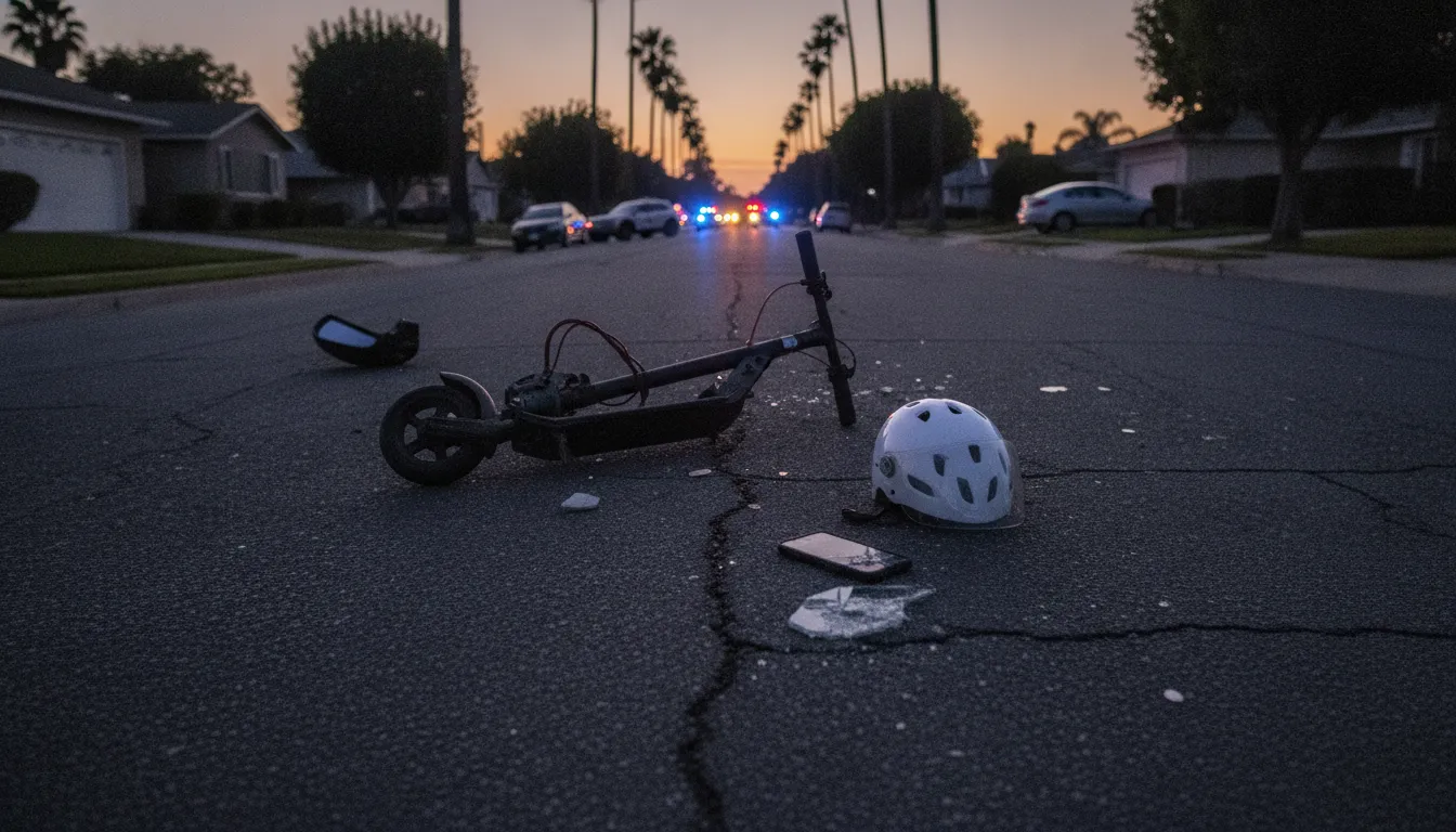 Electric scooter lying on a California street after a collision with emergency lights in the background