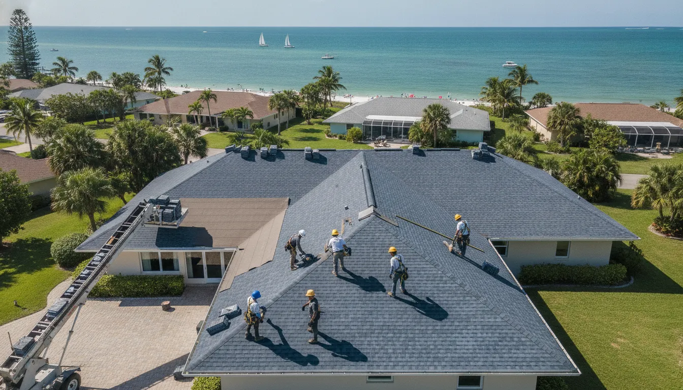 Professional roofing crew installing shingles on a Pinellas County home