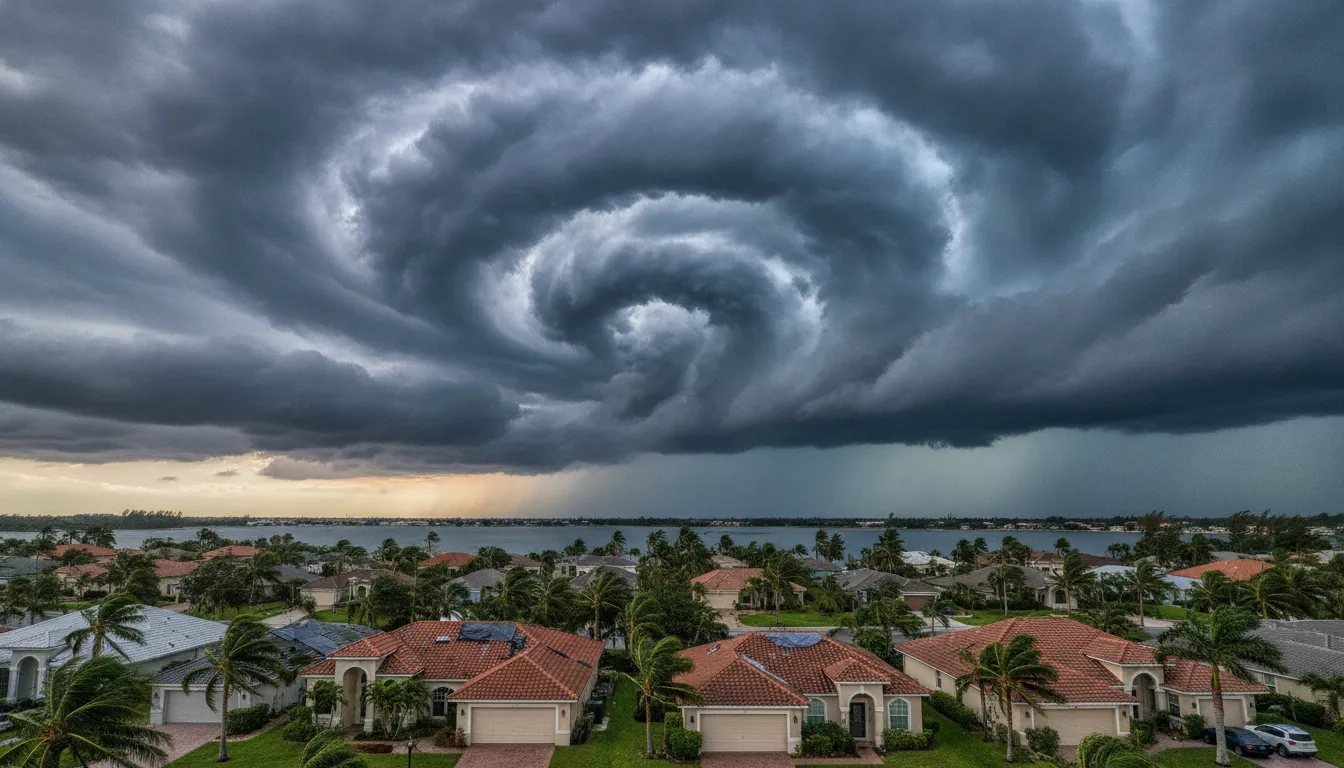 Dramatic storm clouds over a residential Florida neighborhood in Pinellas County