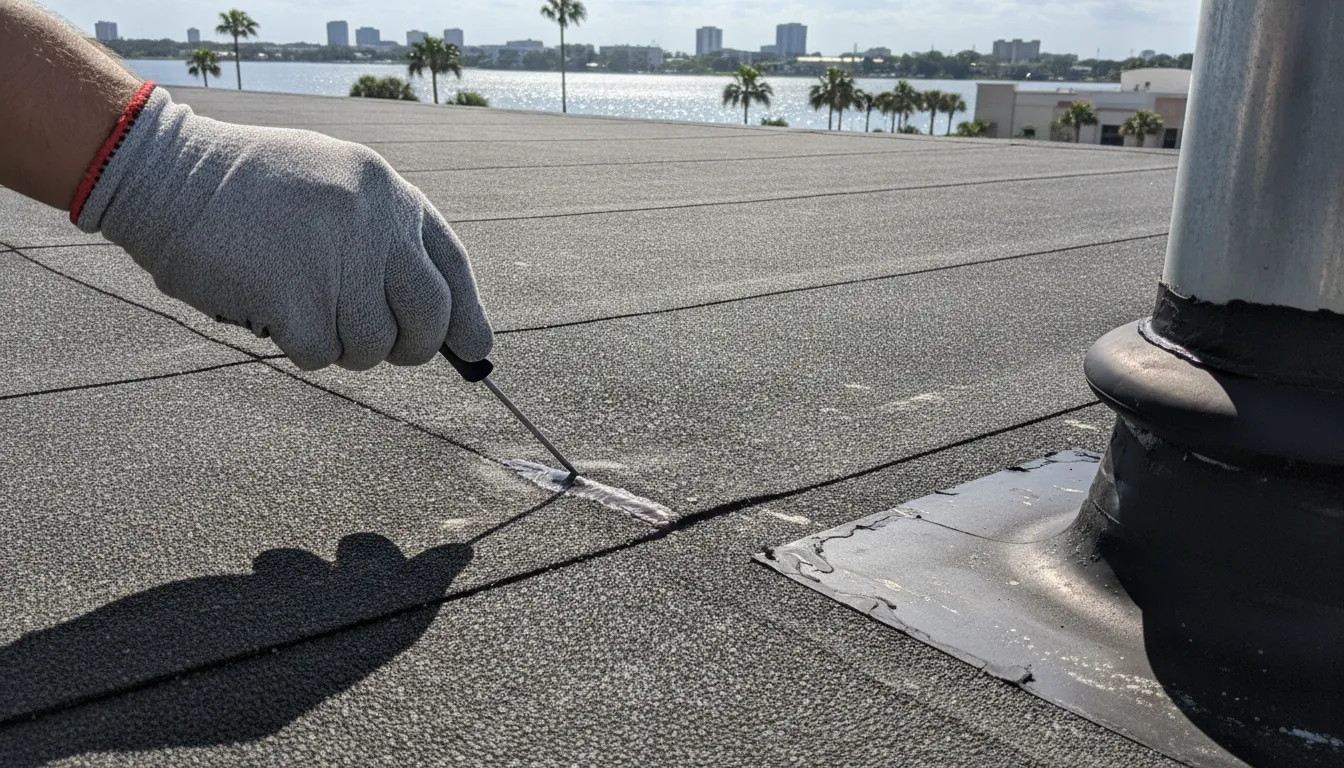 Professional inspecting EPDM rubber roof seams on a commercial building