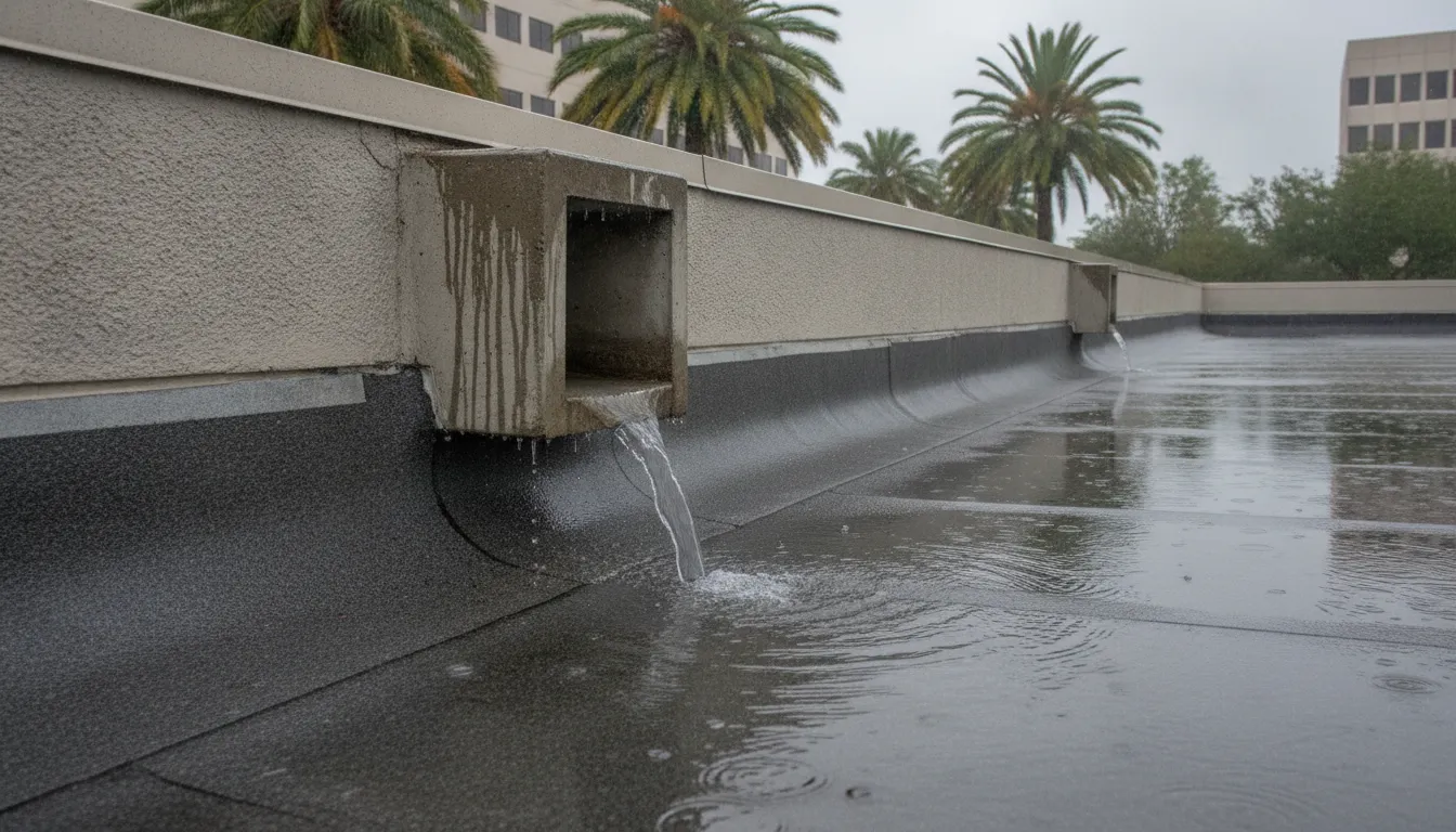 Commercial flat roof drainage detail designed to direct Florida storm water