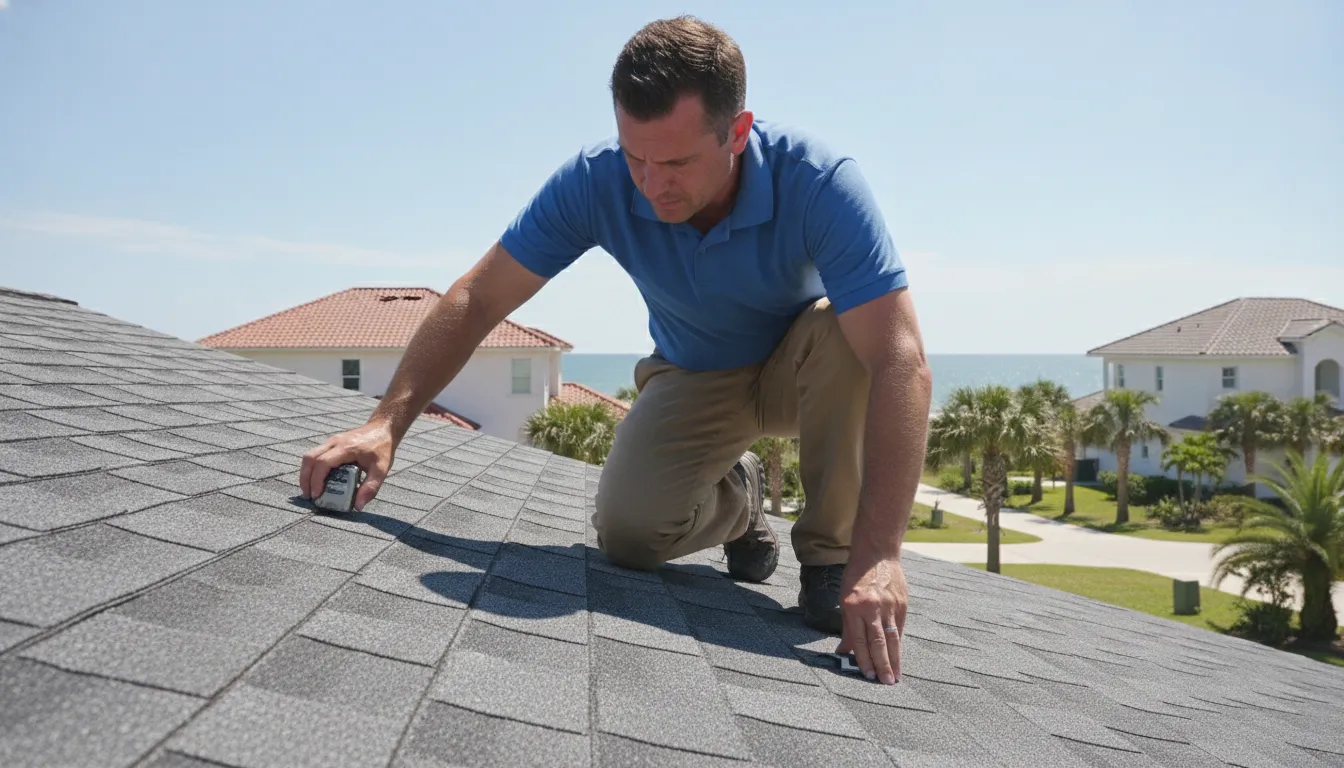 Inspector evaluating a residential roof in St. Petersburg, Florida