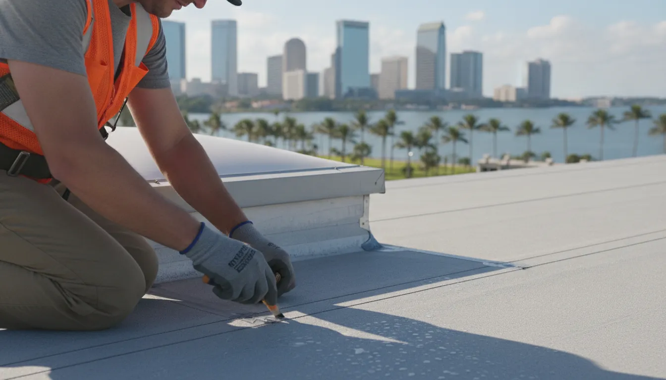 Roofing technician inspecting membrane seams on a commercial flat roof in St. Petersburg