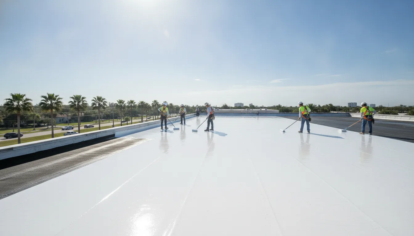 Roofing crew applying a reflective coating to a commercial flat roof in Tampa Bay