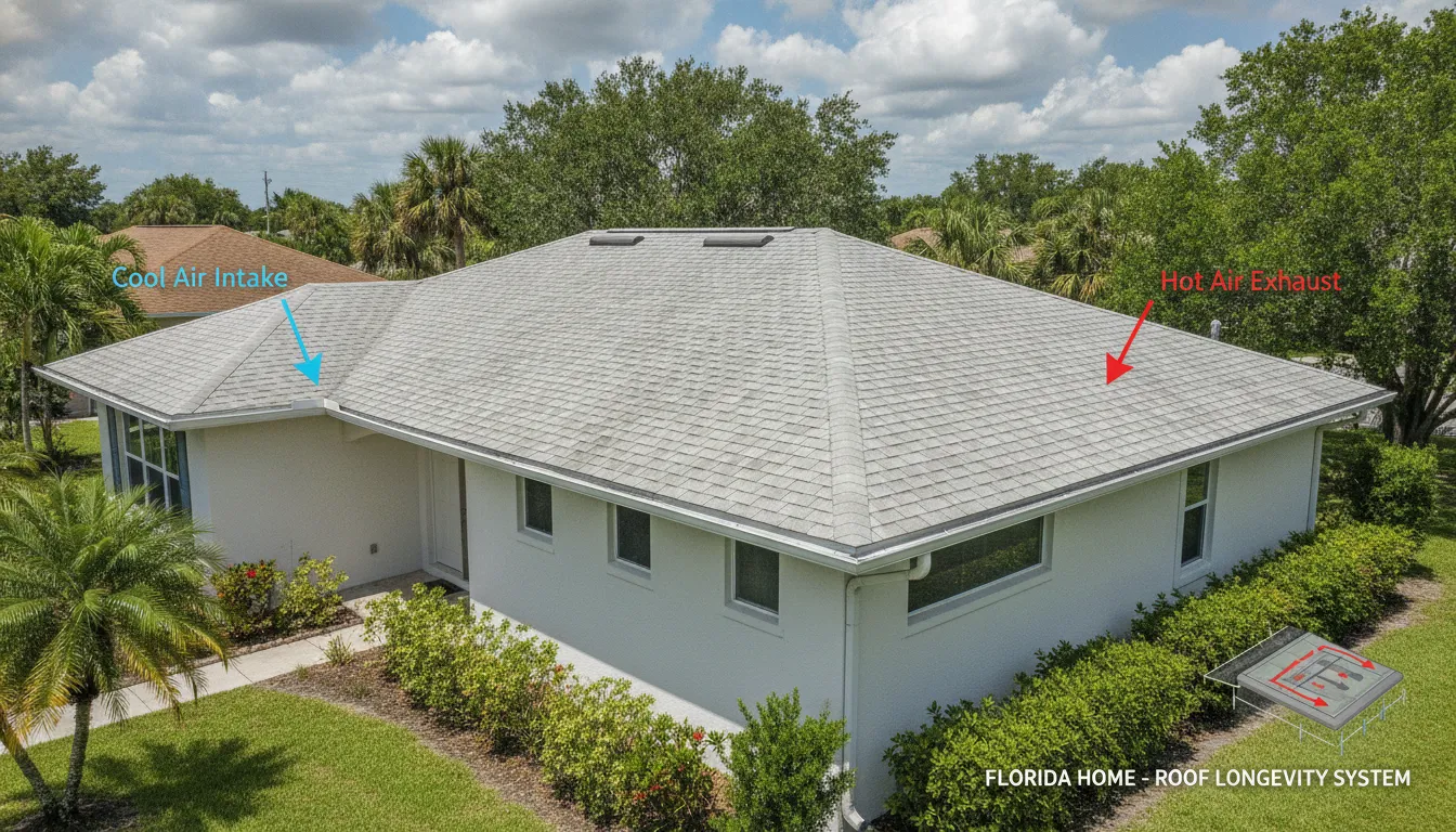 Modern ridge vent and soffit vent system installation on a Florida home roof