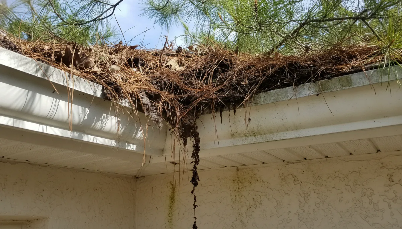 Pine needles and leaf debris clogging a residential gutter on a Florida home