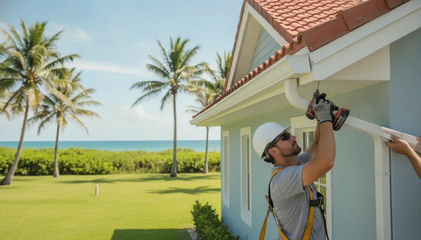 Professional roofer installing seamless aluminum gutters on a St. Petersburg Florida home
