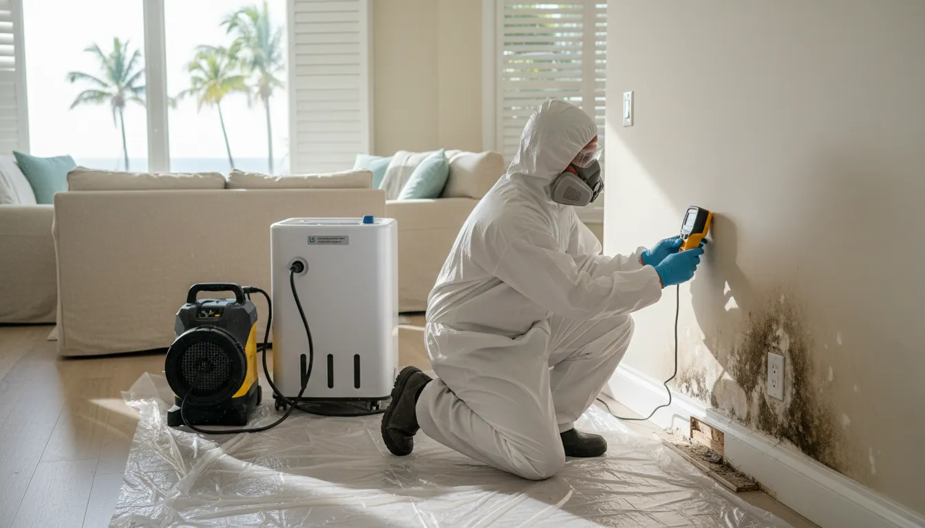 Technician using a moisture meter while estimating mold remediation cost in Florida