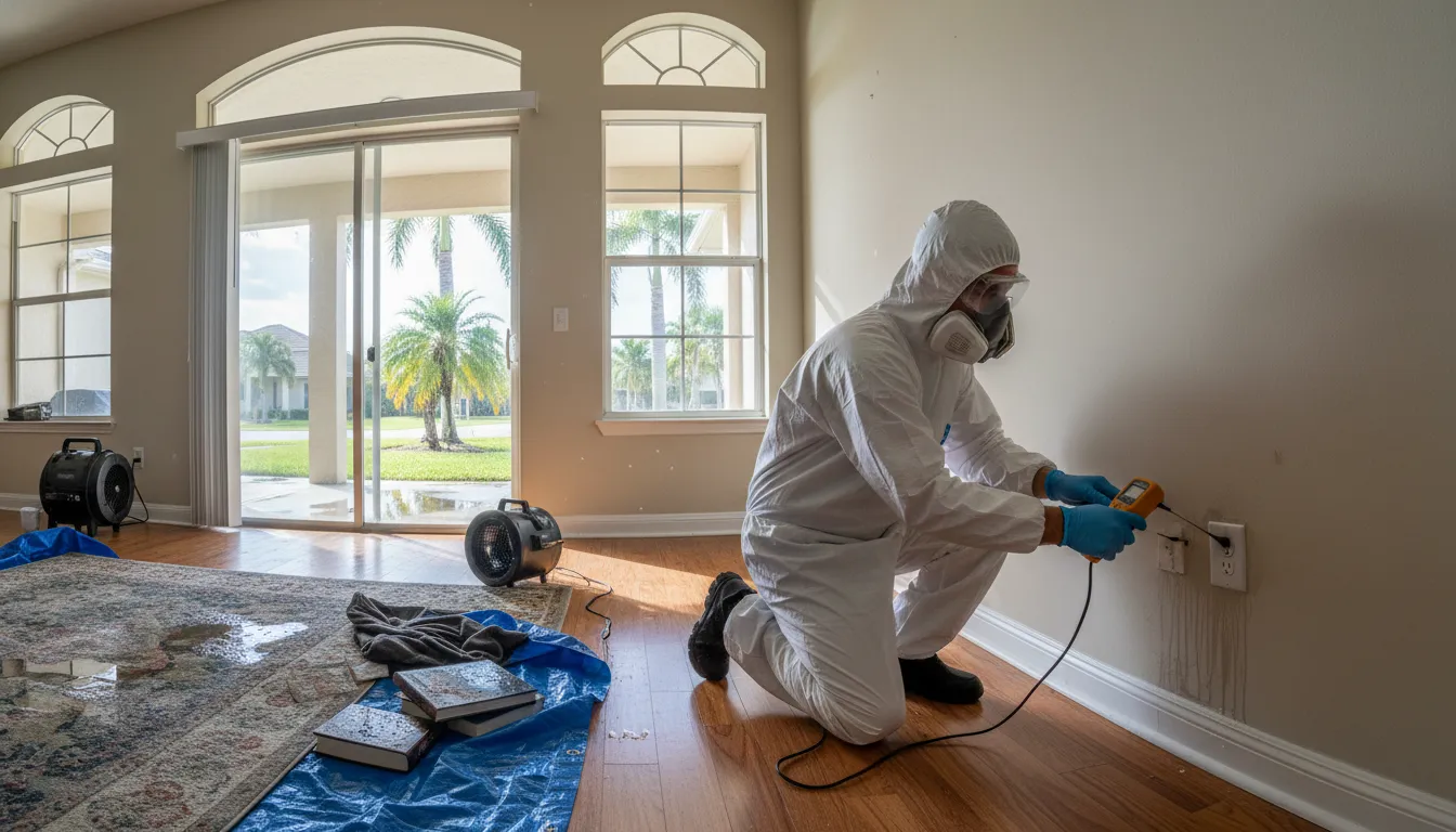 Restoration technician checking wall moisture during mold remediation in a Florida home