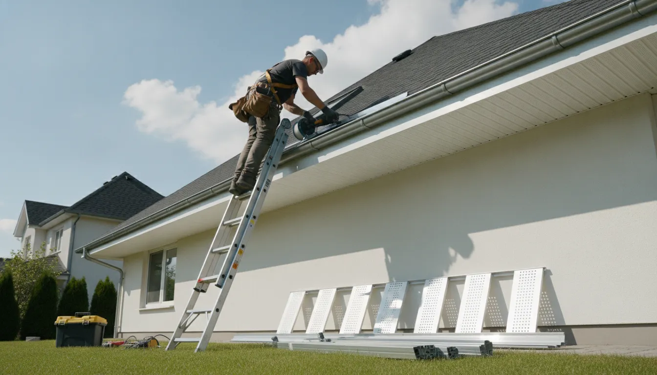 A professional roofer installing a new aluminum fascia board and vented soffit panels along a St. Petersburg roofline.