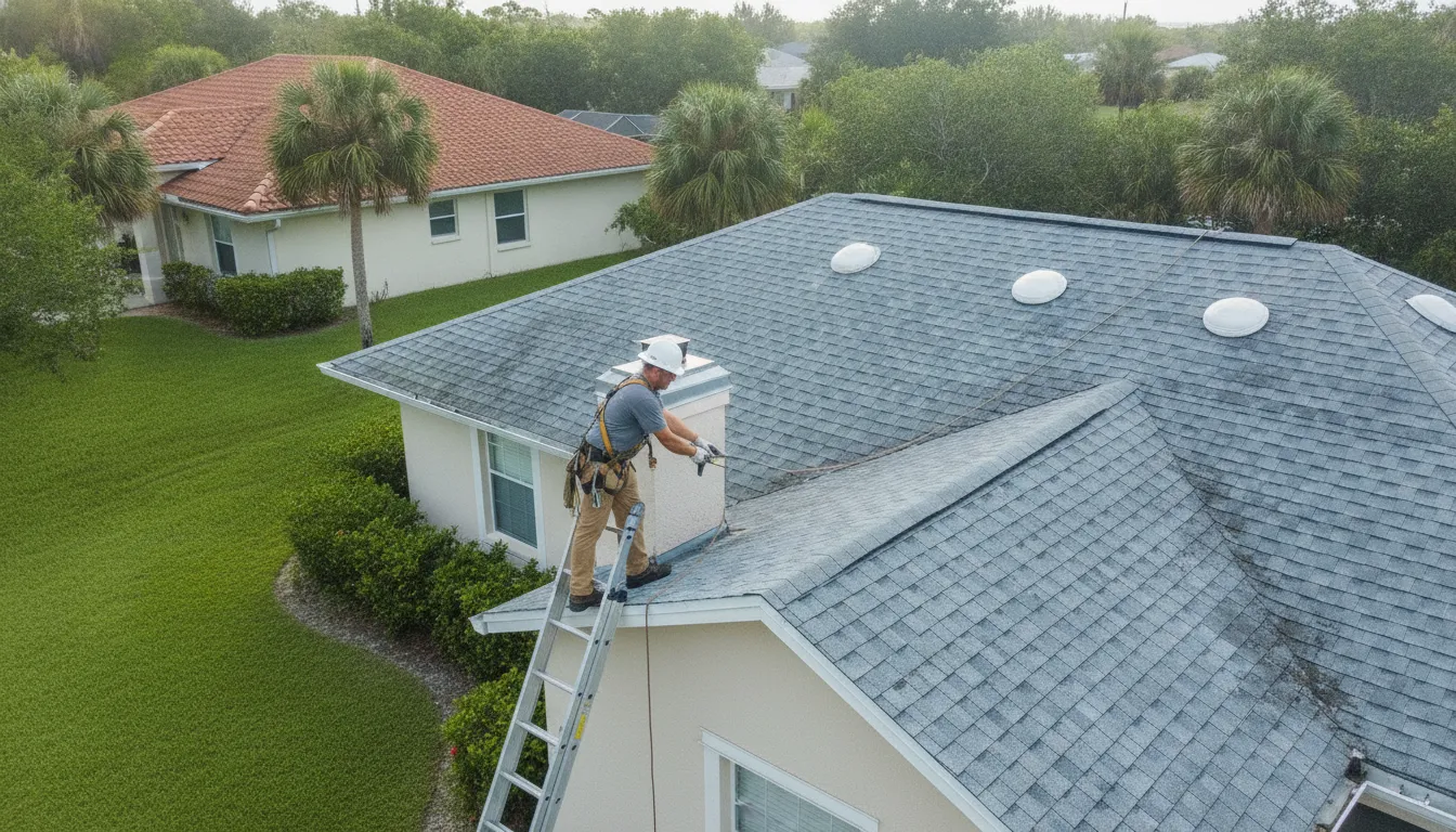 Roofing professional examining shingles and ventilation on a Clearwater Florida home