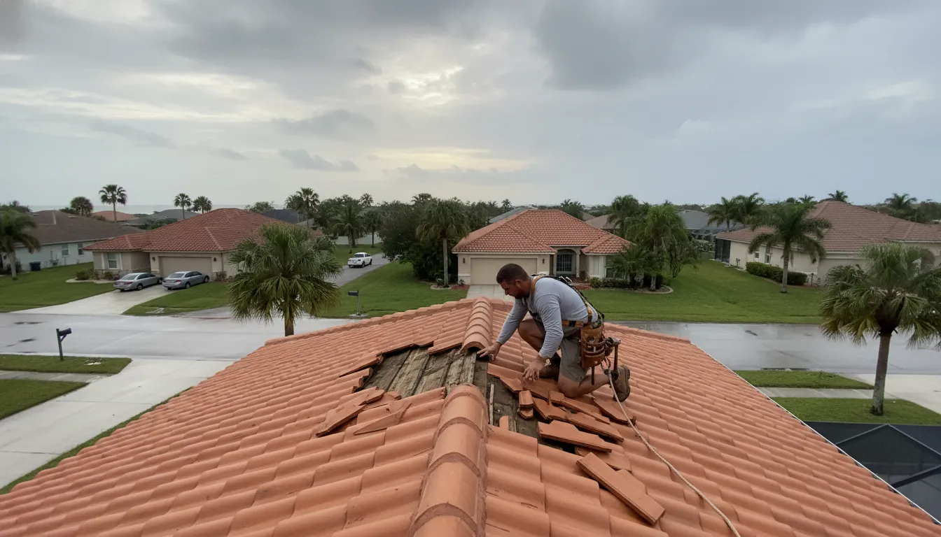 Professional inspecting cracked tile roof after storm damage in Pinellas County