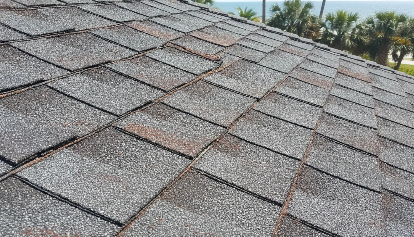 Asphalt shingle roof damage showing curled edges and granule loss from Florida sun and salt air exposure