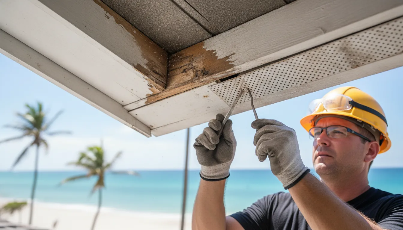 A roofer inspecting the soffit vent panels along the underside of a home roof eave, checking for rot and gaps.