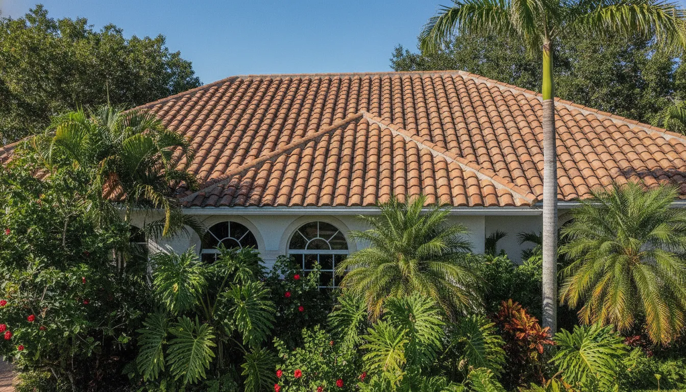 Terracotta and concrete barrel tile roof on a sunny Florida home with palms