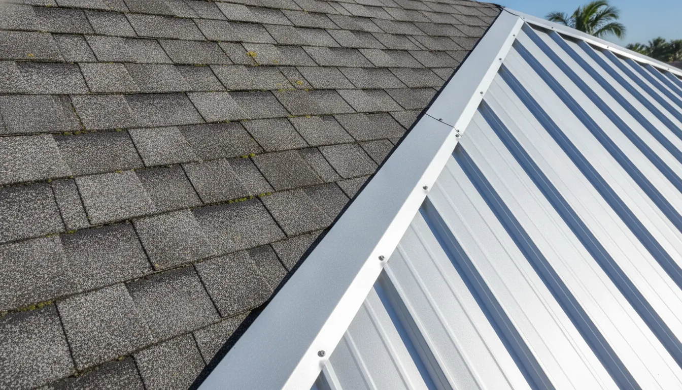 Close-up of weathered asphalt shingles meeting a standing-seam metal roof panel