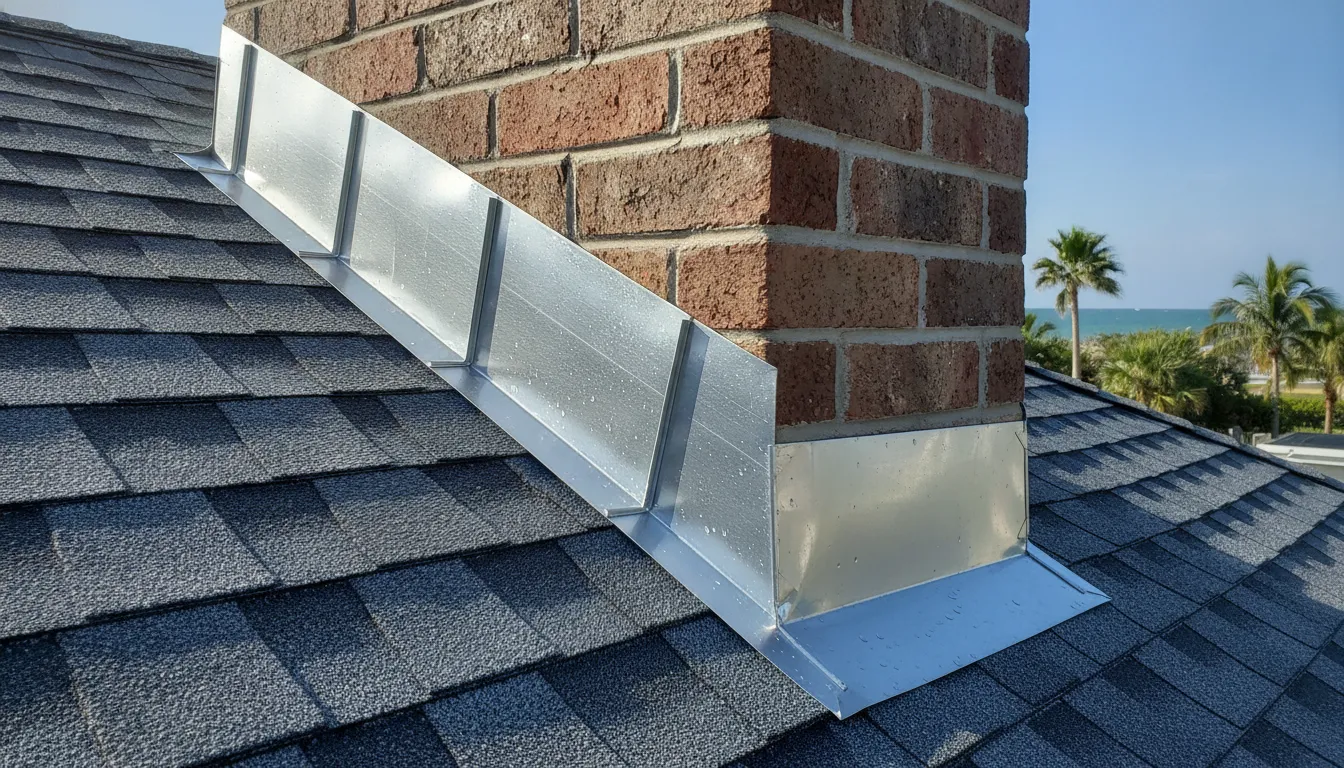 Metal step flashing along a brick chimney on a shingle roof in St. Petersburg, Florida, showing correct flashing installation