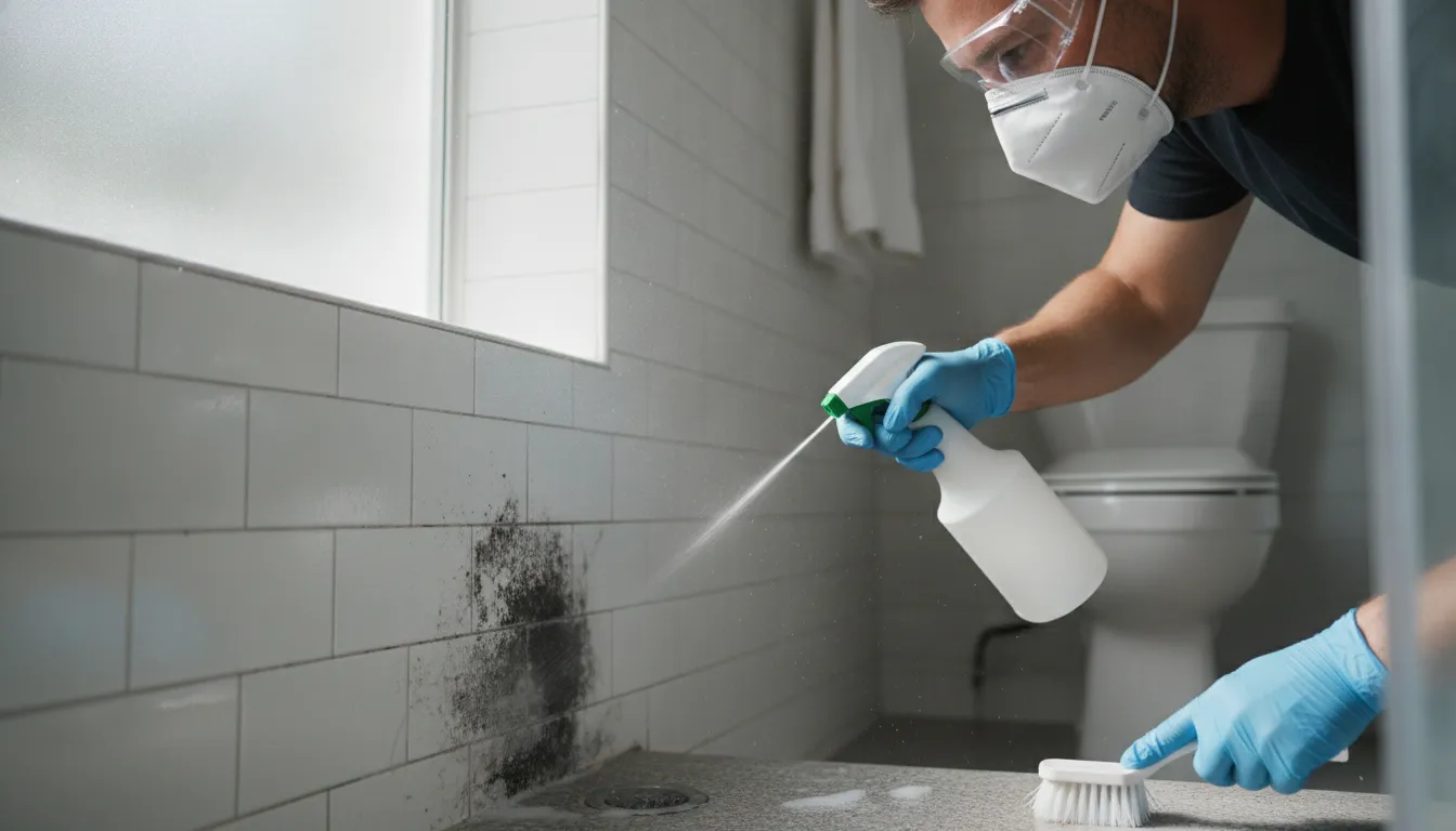 Homeowner in protective gloves and mask cleaning mold from a bathroom wall