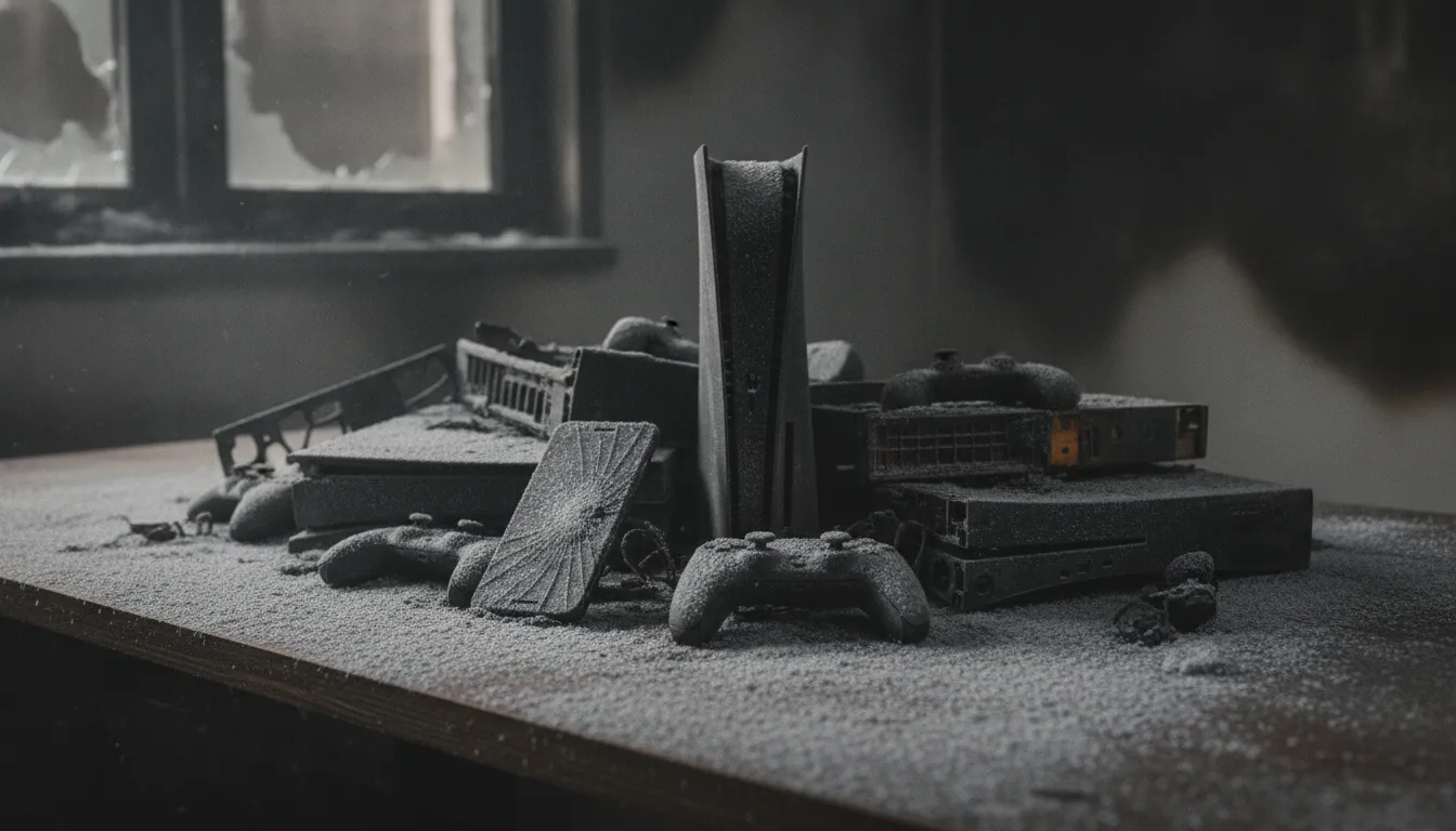 Smoke-damaged smartphones and laptops covered in a layer of dark soot after a house fire