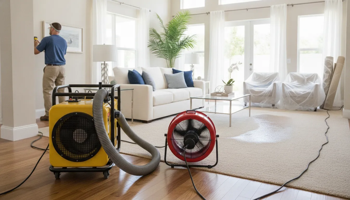 Industrial dehumidifier drying a Tampa home after water damage