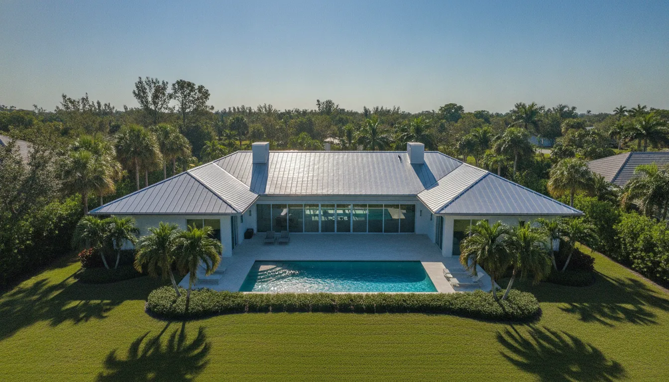 Aerial view of a reflective metal roof on a Florida home in bright sunshine