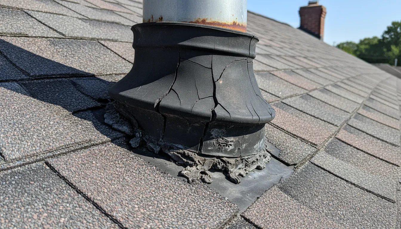 Cracked rubber pipe boot around a plumbing vent on a St. Petersburg shingle roof, a common cause of flashing leaks