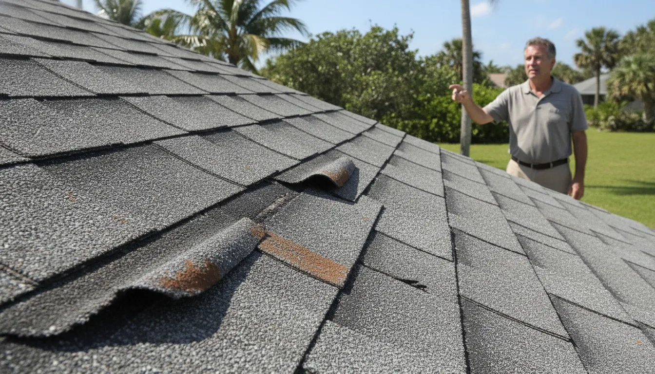 Weathered shingles showing signs of storm wear on a St. Petersburg roof