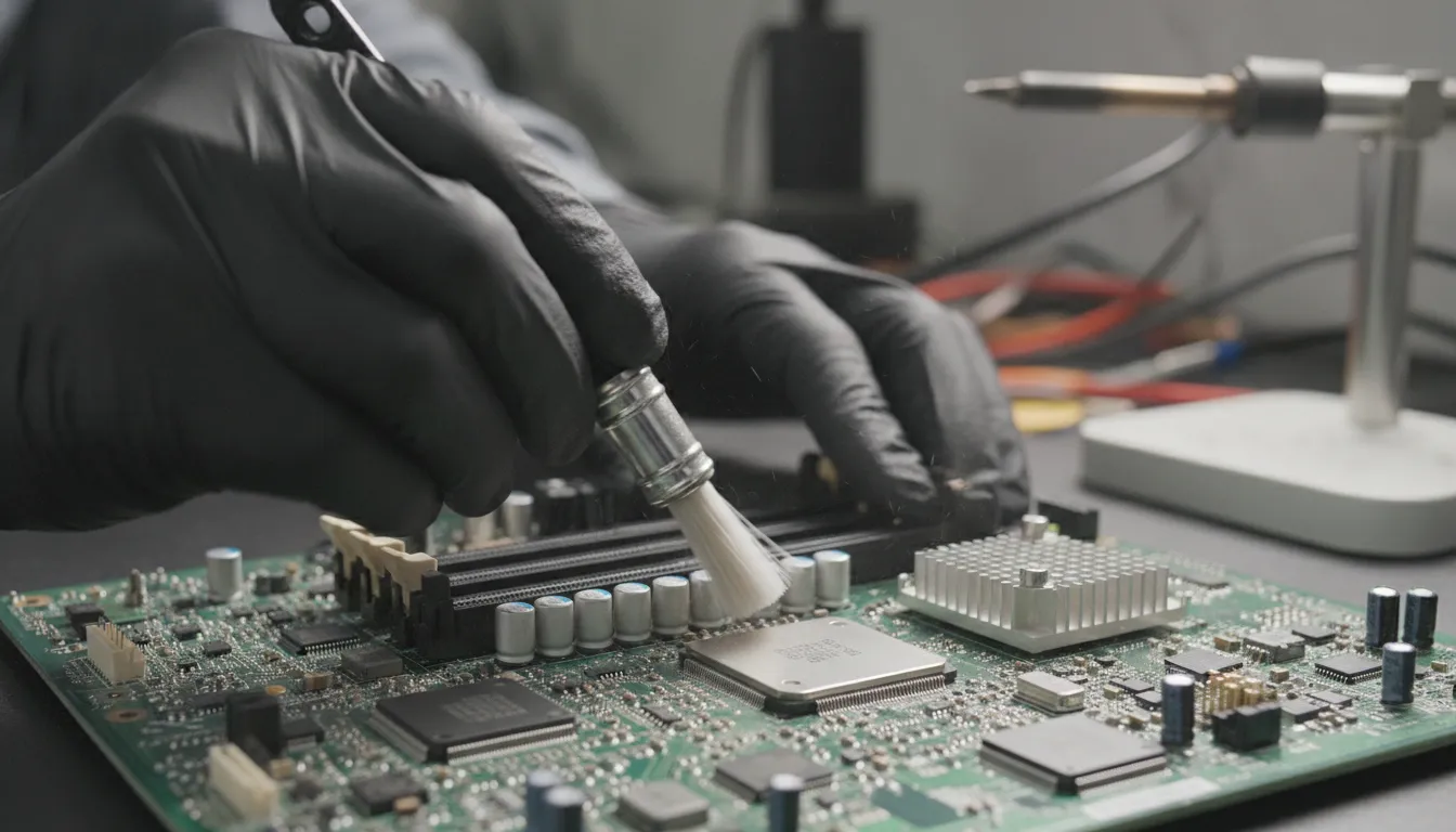 A professional restoration technician wearing gloves cleans a green computer circuit board with a specialized brush