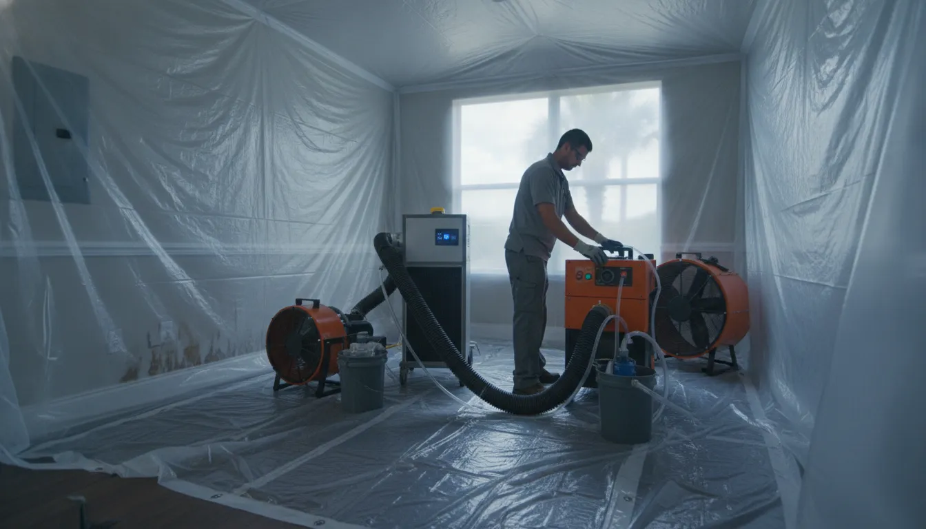 Restoration technician setting up HEPA air filtration and drying equipment with containment sheeting