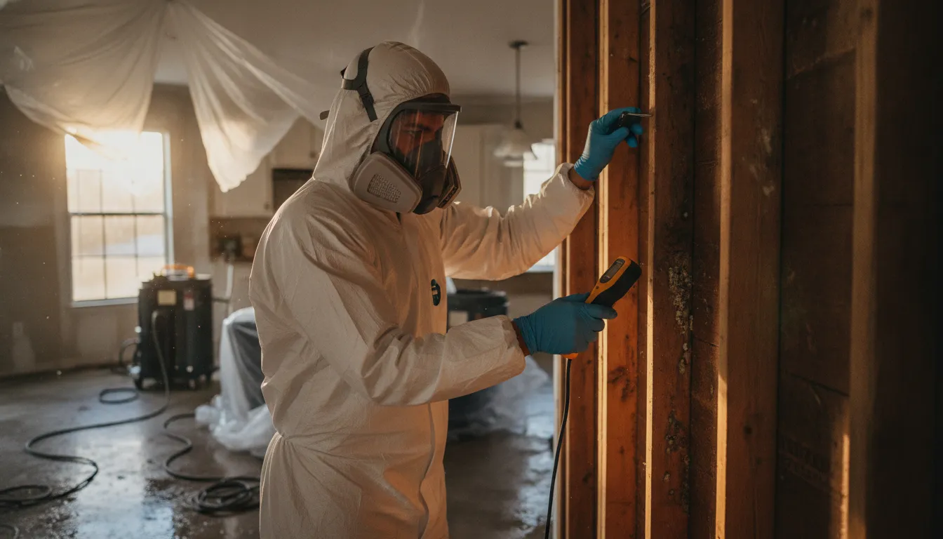 Technician measuring moisture in wall framing inside a Tampa Bay home