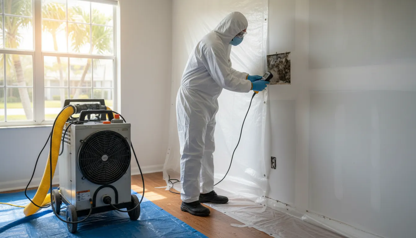 Go Time restoration crew preparing containment for mold remediation in a Florida home