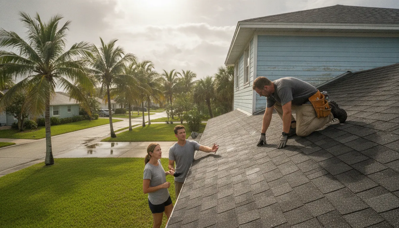 Roofing professional reviewing storm and moisture concerns on a St Petersburg home