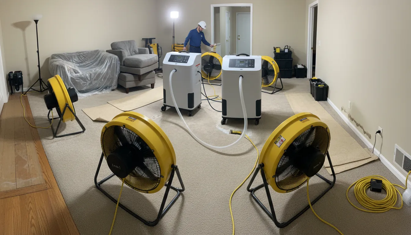 Air movers and dehumidifier used during water damage restoration
