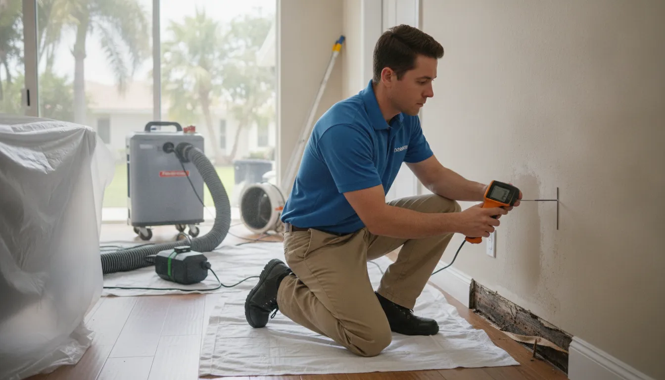 Water damage restoration technician checking a wall with a moisture meter