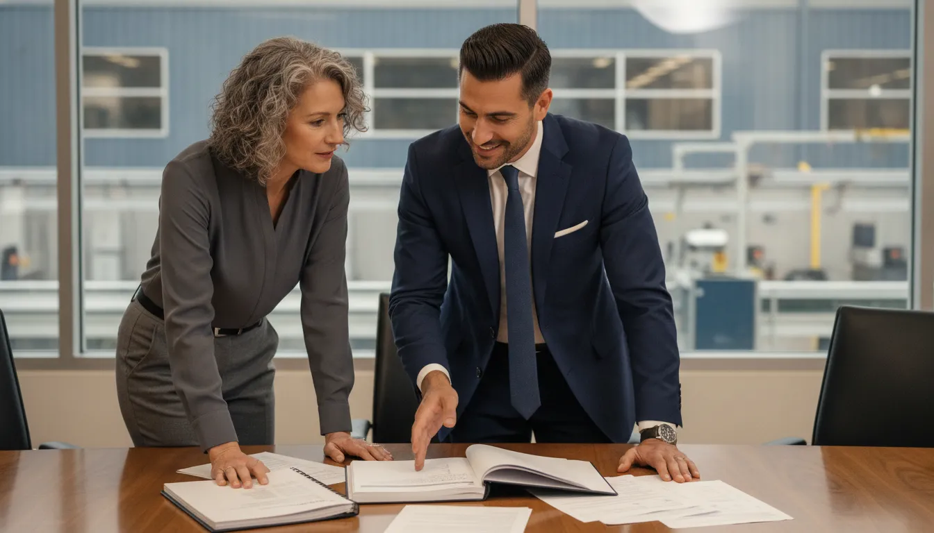 Property tax advisor and finance executive reviewing assessment documents for an industrial facility