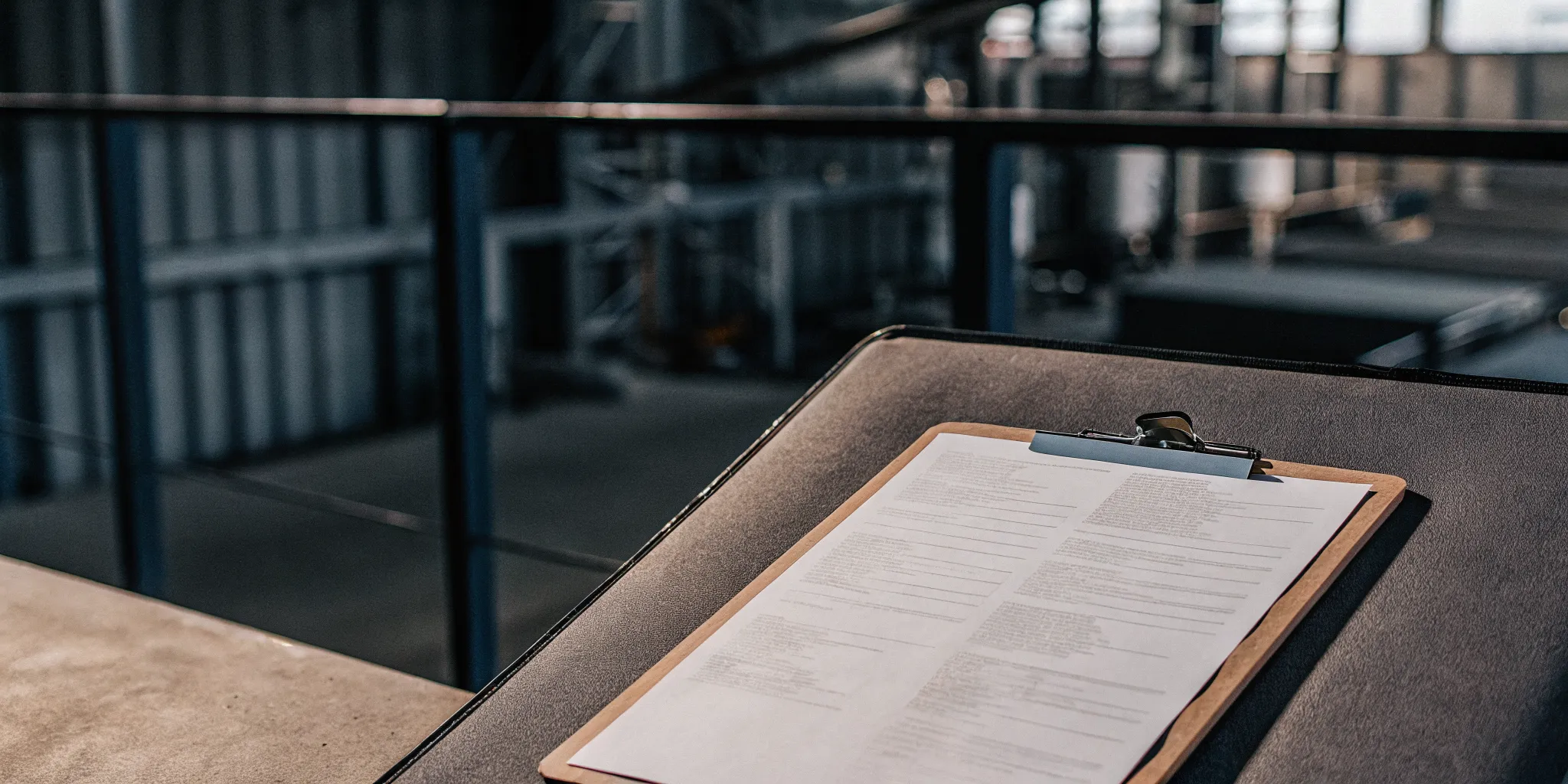 Property tax compliance checklist document with industrial manufacturing facilities in the background