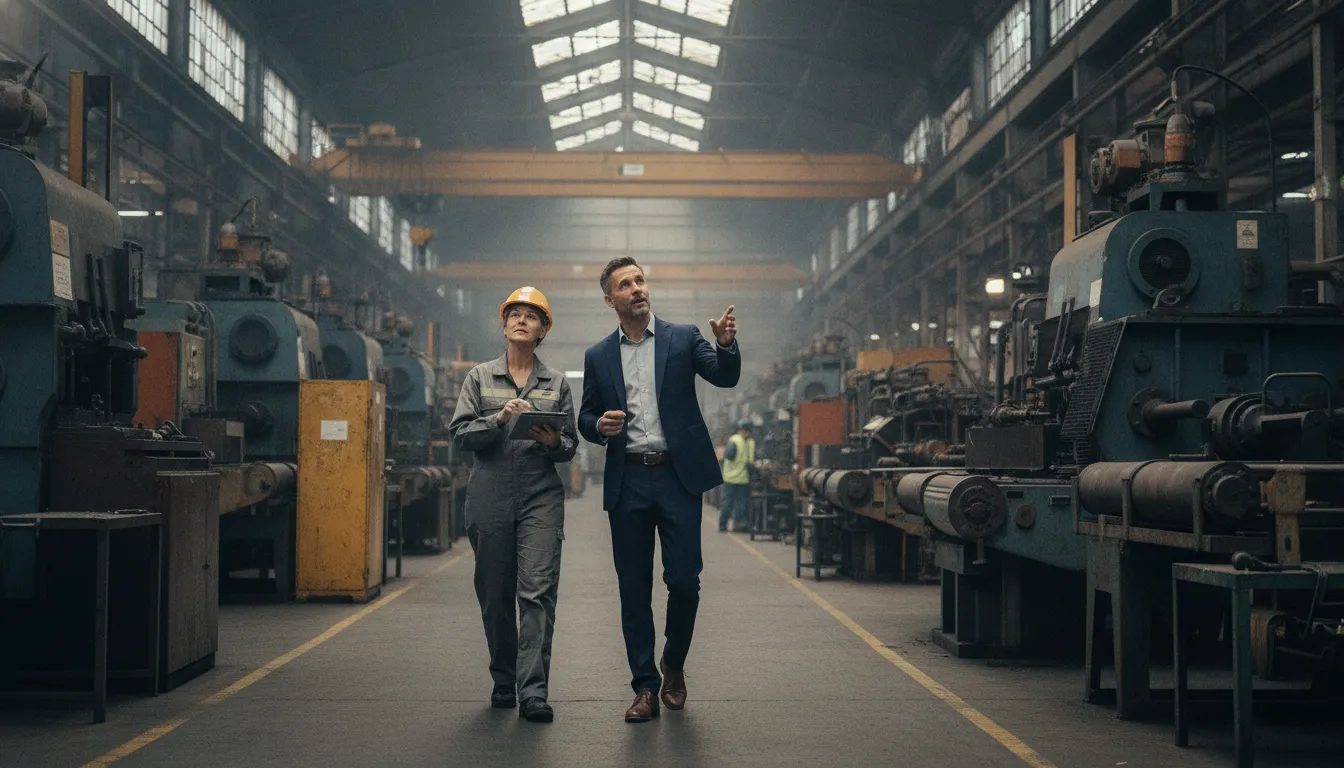 Property tax consultant reviewing manufacturing facility conditions with an operations leader