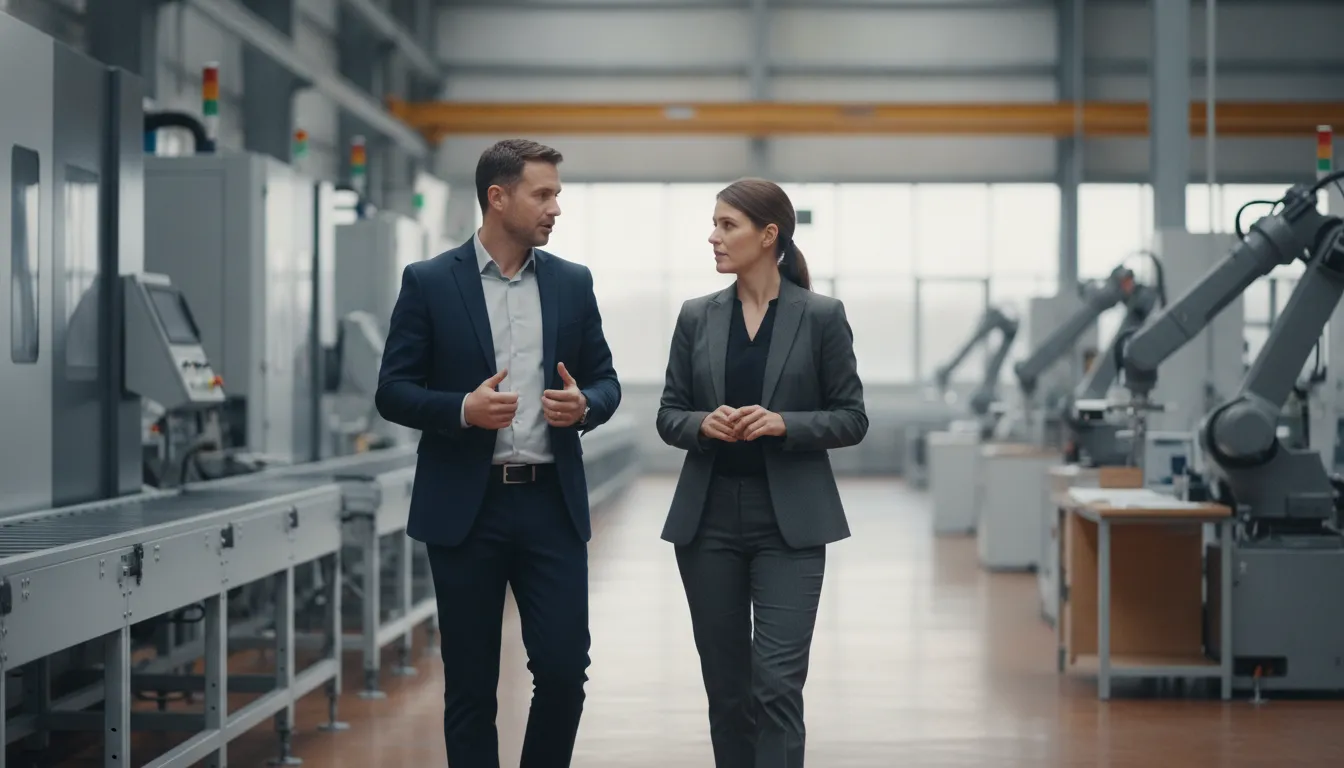 Property tax advisor and plant manager reviewing a manufacturing facility