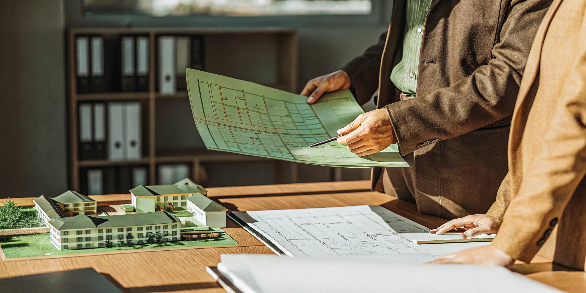 Property tax consultant analyzing commercial real estate documents and calculator