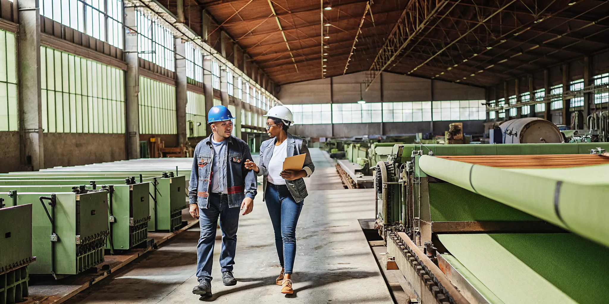 Plant controller and property tax advisor reviewing machinery and equipment assets inside a manufacturing facility