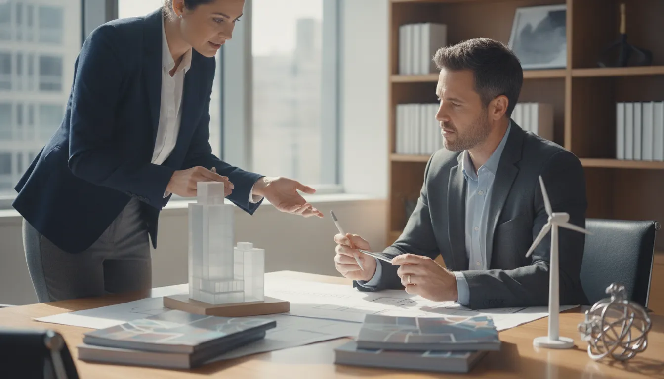 Corporate controller and property tax advisor reviewing financial documents in a modern office