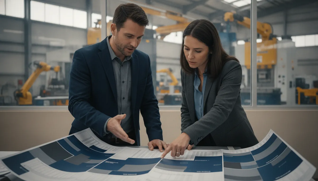 Manufacturing finance and operations leaders reviewing a site comparison scorecard