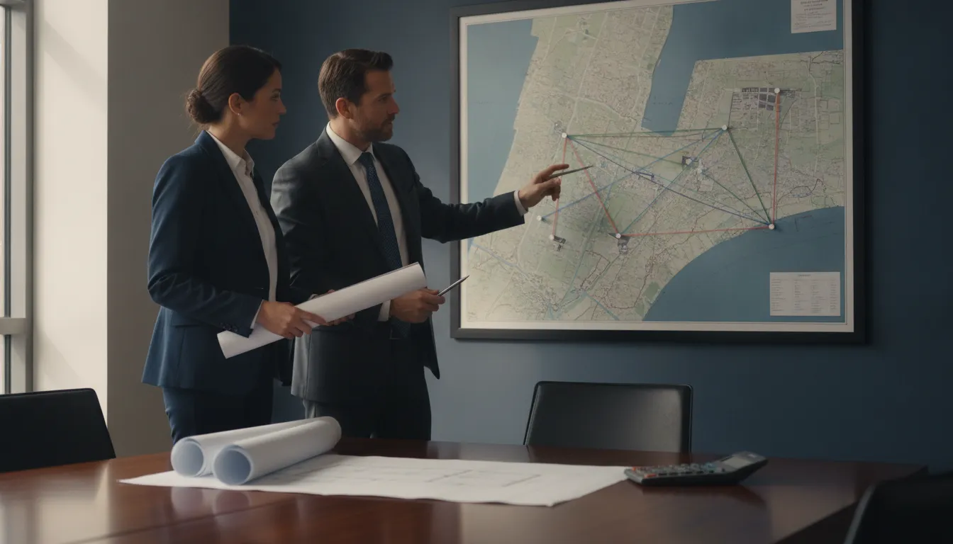 Tax advisor and operations executive comparing industrial sites for a relocation project
