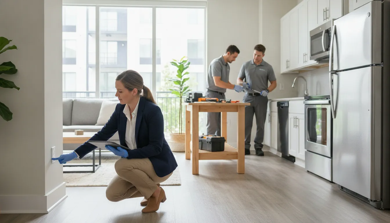 Manager and maintenance staff coordinating apartment make-ready work