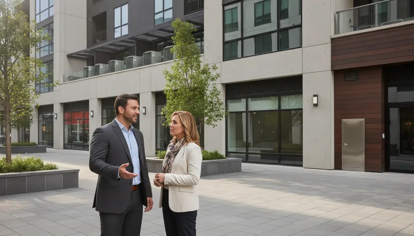 Owner and property manager reviewing a modern multifamily and mixed-use property during due diligence