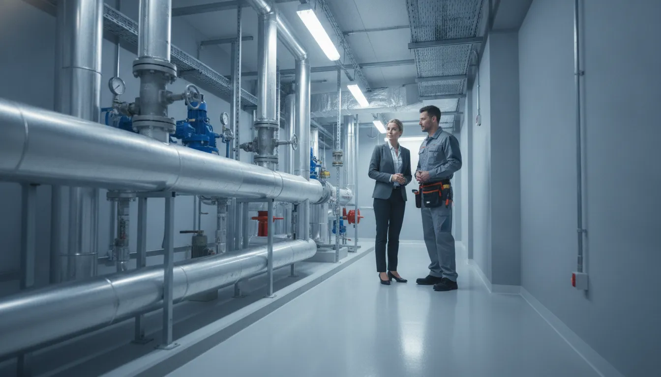 Property manager and maintenance technician reviewing building systems